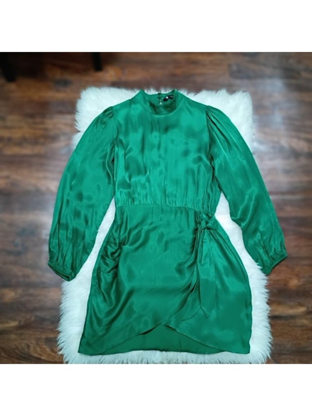 Zara Womens Green Satin Mini Dress M Long Sleeve Waist-Tie Wrap Design - Picture 2 of 10